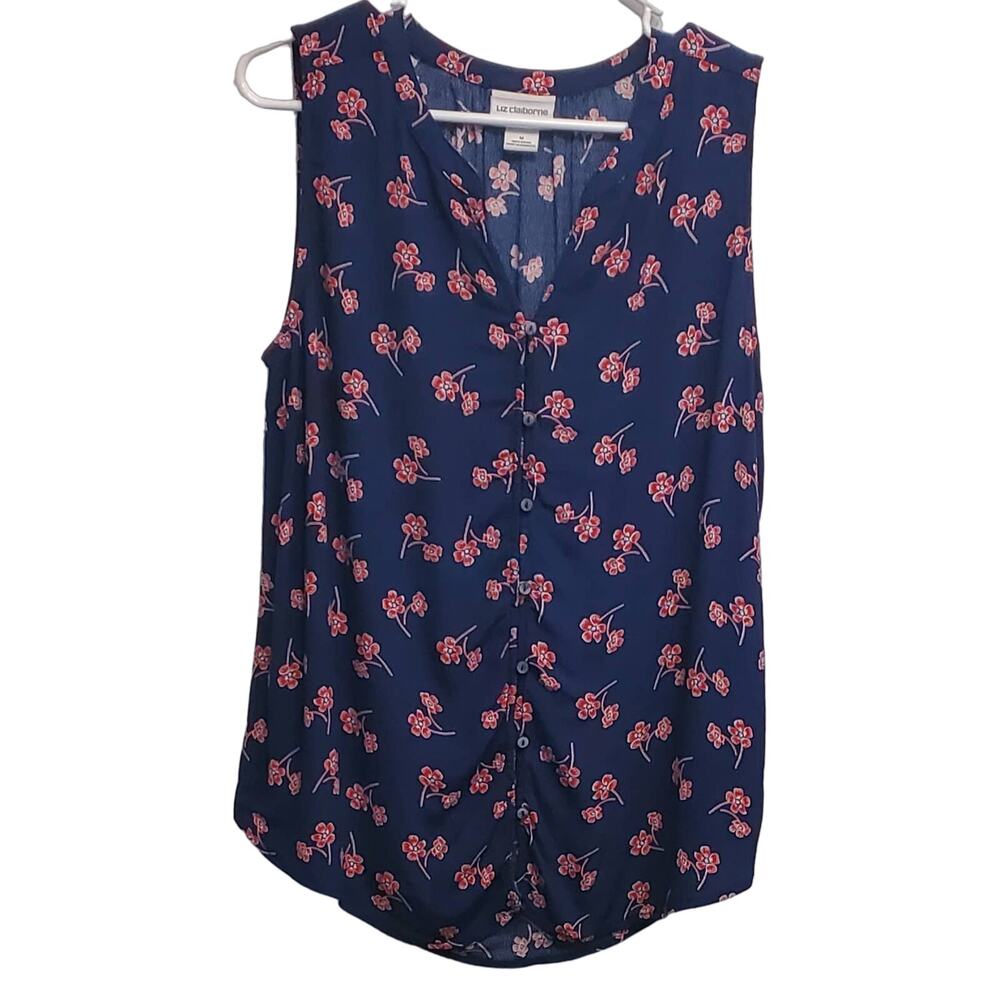 Liz Claiborne Button Down Flowy Blue with Red Flowers Sleeveless Size Medium